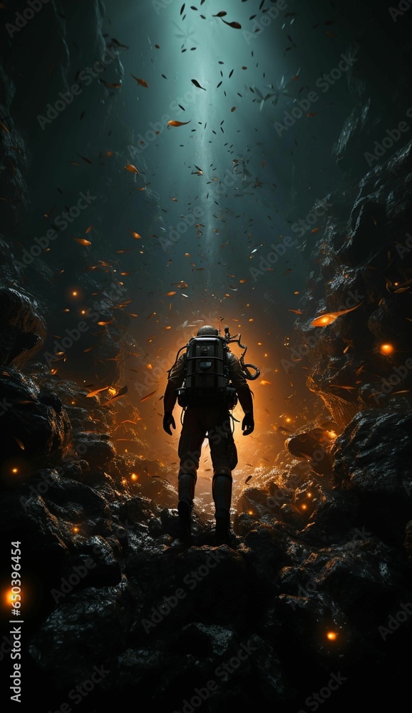 Poster ai generated illustration of an astronaut in a dark cave with a light illuminating the environment