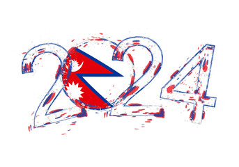 2024 Year in grunge style with flag of Nepal.