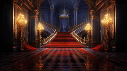 Royal palace hallway. With stairs at night. ai generative