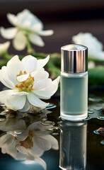 Bottle of perfume mockup, on glass background, with fresh flowers decoration