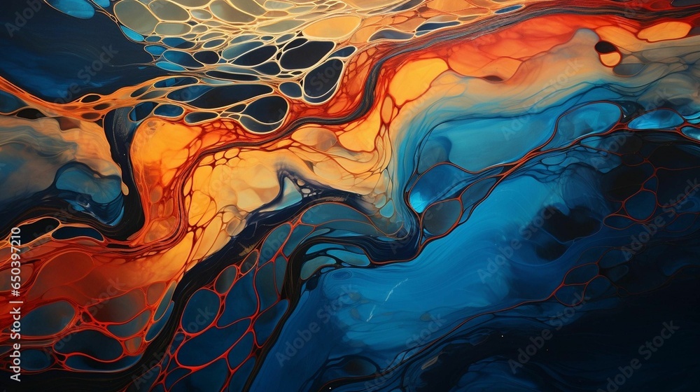 Poster ai generated illustration of a blue and orange abstract painting with an array of interlacing shapes