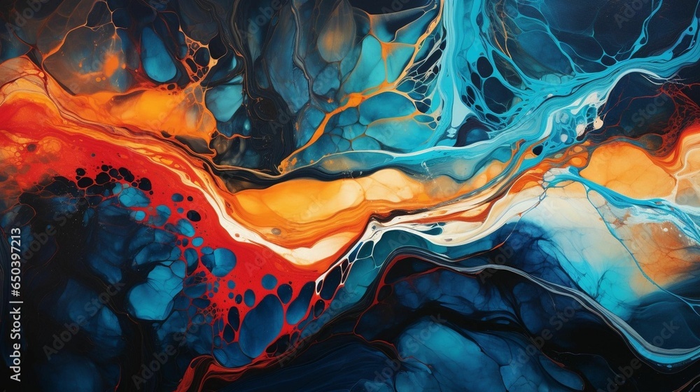 Poster ai generated illustration of a blue and orange abstract painting with an array of interlacing shapes