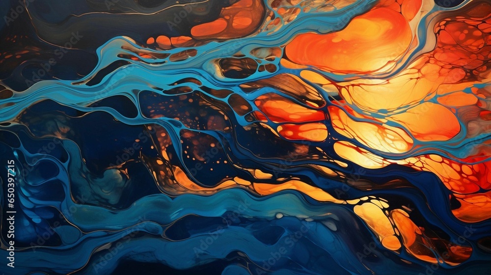 Poster ai generated illustration of a blue and orange abstract painting with an array of interlacing shapes