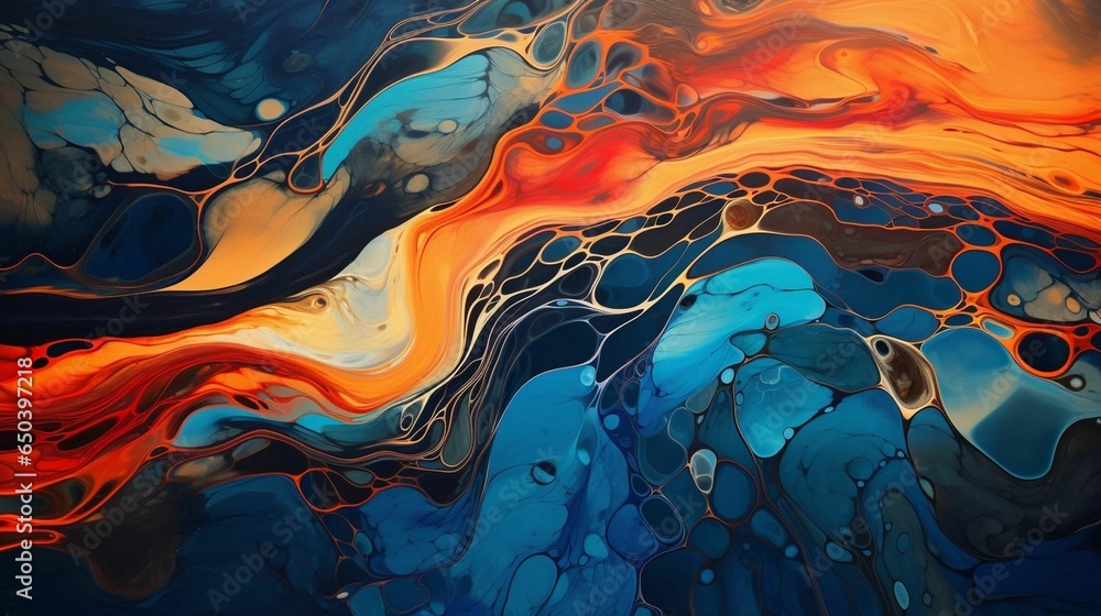 Poster ai generated illustration of a blue and orange abstract painting with an array of interlacing shapes