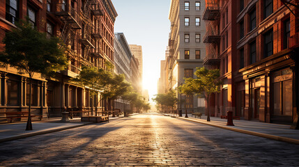 Empty street at sunset time in SoHo district, New York. ai generative - obrazy, fototapety, plakaty