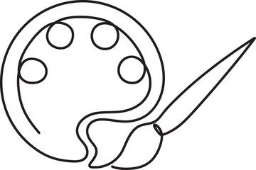 Continuous single-line art artist paint brush with palette tool minimalist icon linear outline drawing. 