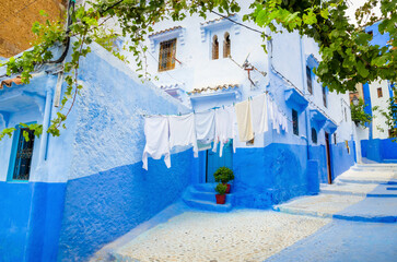 Beautiful street of blue medina in city Chefchaouen,  Morocco, Africa.