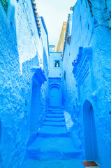 Beautiful street of blue medina in city Chefchaouen,  Morocco, Africa.