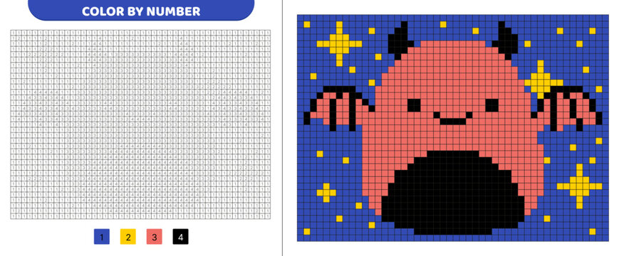 Devil squishmallow. Color by number. Pixel coloring book. Numbered squares. Game for kids