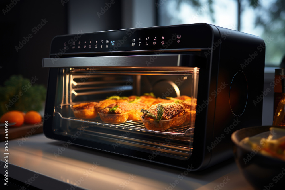 Poster the intuitive touch screen of a smart oven, allowing users to effortlessly control cooking settings 
