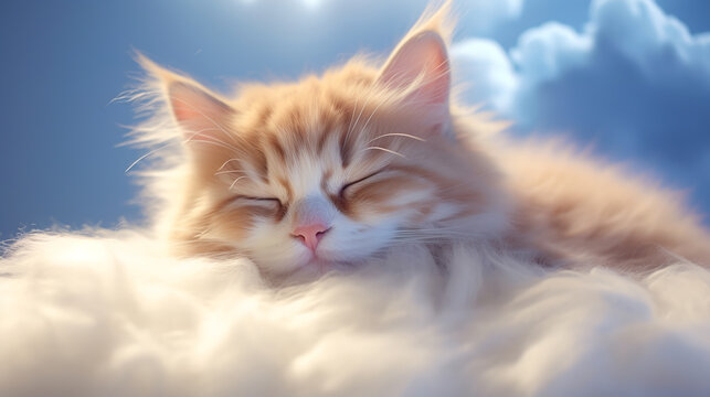 A heartwarming and adorable photography of a cute cat peacefully sleeping on a fluffy cloud, radiating pure serenity and comfort. ai generative