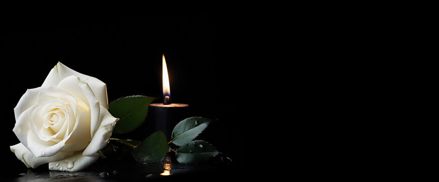 White Rose and Candle on Black Background Copy Space Banner