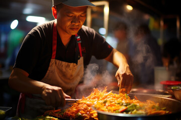 A street food vendor in Bangkok, skillfully preparing a spicy pad Thai dish with flair and expertise. Generative Ai.