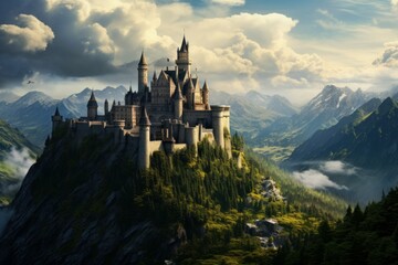 Mysterious Castle medieval mountain. History ancient view. Generate Ai - obrazy, fototapety, plakaty