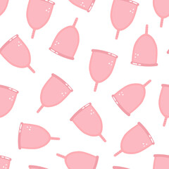 Flat vector seamless pattern with a menstrual cup. Eco protection for women in critical days. Feminine hygiene product. Zero waste level. Protection of the menstrual cycle, women's hygiene.