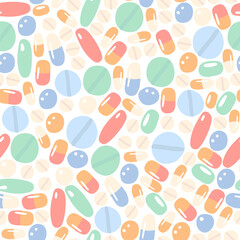 Flat vector seamless pattern of tablets and pills. Isolated design on a white background.