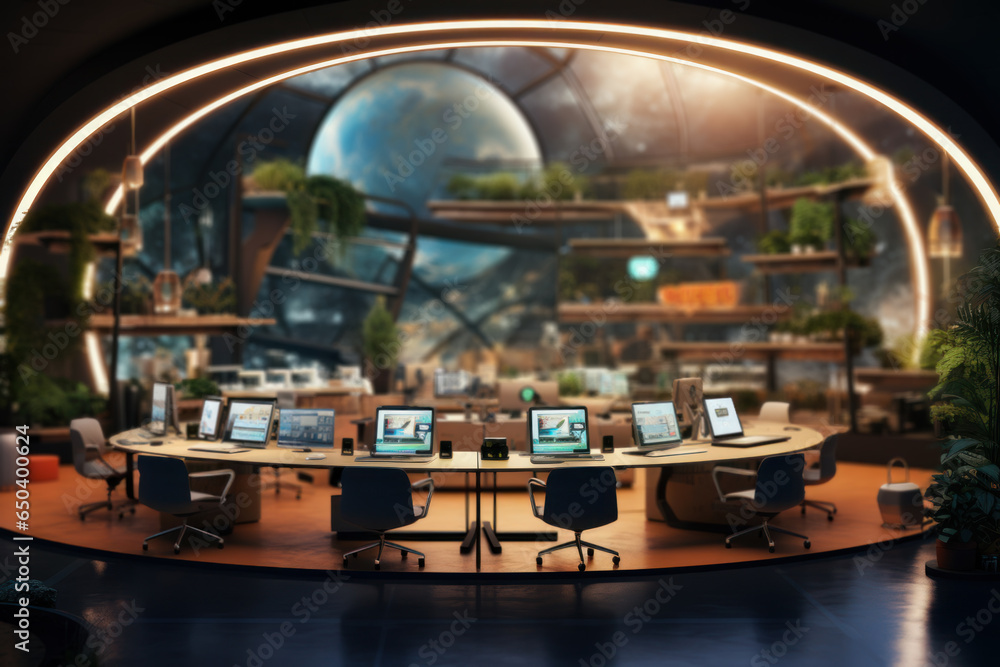 Poster a futuristic coworking space resembling a sci-fi movie set, where innovation knows no bounds. genera