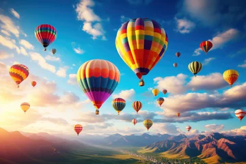 Foto auf Acrylglas A colorful hot air balloon festival, with balloons ascending into a brilliant blue sky. Generative Ai. © Sebastian