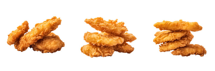 a set of three chicken tenders isolated on a transparent background