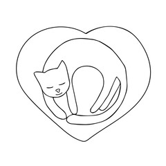 Hand drawn black vector illustration a portrait of a beautiful fun adult young cat is sleeping on a on a heart-shaped pillow on a white background
