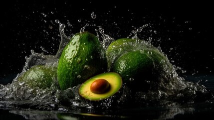 Avocados splash in water for advertising AI generative