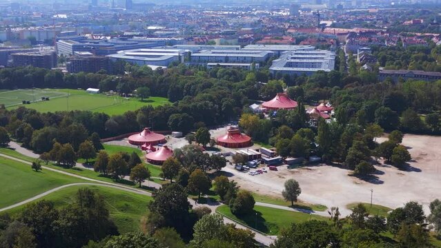 circus tent aerial view flight Olympiastadion Munich Park Germany arena. drone