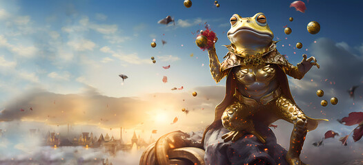 Golden frog. The frog is dressed in a gold suit on an abstract background. Banner. Wallpaper. Copy space. Generated AI. Edited in Photoshop.