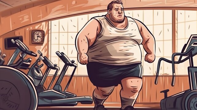 Serious overweight man wearing sportswear works out on the treadmill. Male training in the gym. Sport, training, healthy life, calories, health care, diet and weight loss concept.