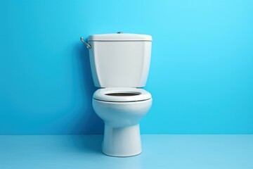 Ceramic toilet blue wall. Wc clean decor. Generate Ai - obrazy, fototapety, plakaty