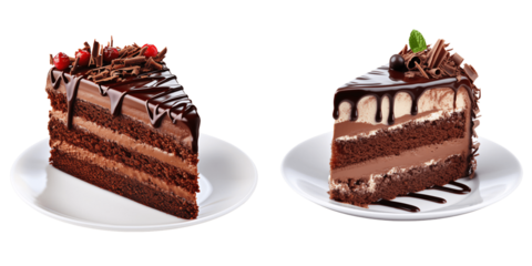 a set of two Chocolate cakes on a plate isolated on a transparent background