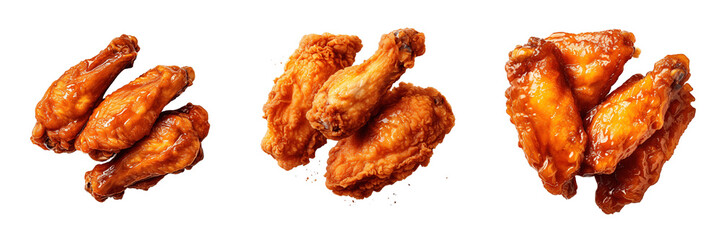 a set of Crispy fried chicken wings isolated on a transparent background - obrazy, fototapety, plakaty