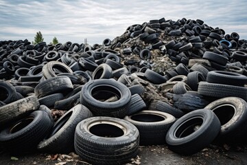 A heap of discarded tires on a dirt mound during sunrise