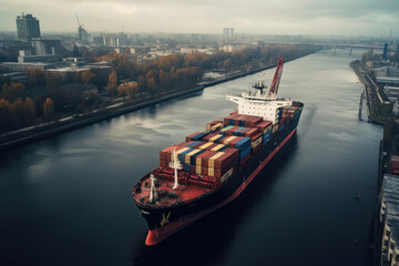 Fototapeta na wymiar sea container ship sailing on a wide channel aerial view