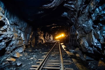 Fototapeta na wymiar Underground mine, mining, rail track trolleys laid through tunnel