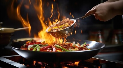 Close up chef is cooking food in a wok with fire. Generative AI