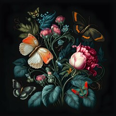 colorful botanical butterflies painted in renaissance style over a black background pattern dutch painting 