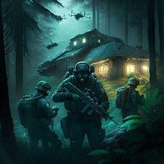 special task force storms a farm in a deep forest 