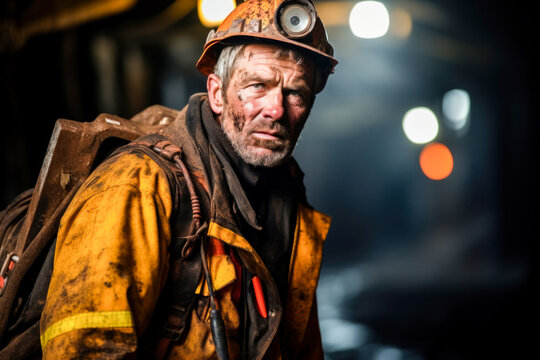 A coal miner wearing a fireman's helmet in the darkness of the mine