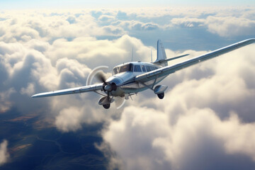 Obraz premium turboprop airplane in flight over clouds bright sunny day