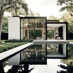 an image of a sleek modernist house surrounded by lush greenery and a rectangular pool in front The house features clean geometric lines and bold contrasting materials such as smooth white stucco 