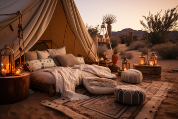 A remote desert glamping experience, combining luxury and adventure under the stars. Generative Ai.