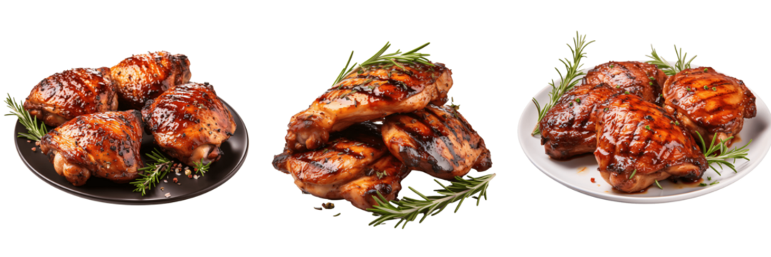 Grilled chicken thighs isolated on a transparent background
