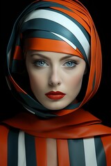Portrait of a young woman wearing a striped headscarf, AI-generated.