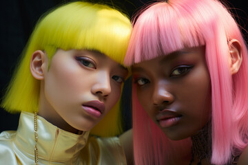 two young women with sharp colorful haircuts, close up candid portrait