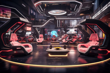 A futuristic gaming lounge with VR pods and competitive esports tournaments. Generative Ai.