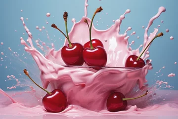 Selbstklebende Fototapeten Cherry yogurt milk splash. Cream drink. Generate Ai © juliars
