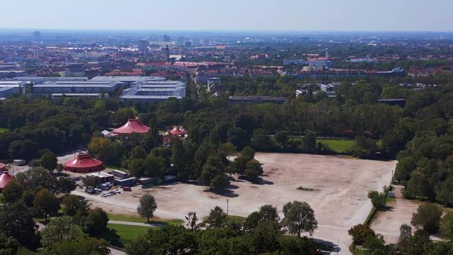circus tent aerial view flight Olympiastadion Munich Park Germany arena. drone
