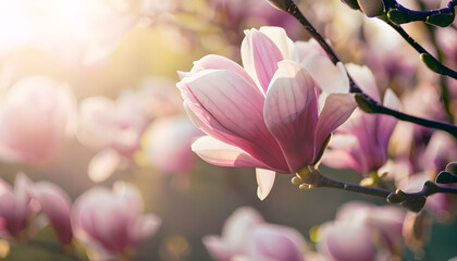 Pink magnolia flower in full bloom in the warm rays of the sun.