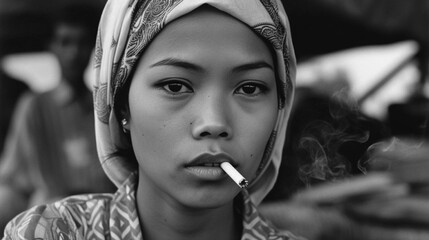 Black and white portrait of fictitious young Filipina smoking a cigarette AI generative