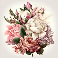 dramatic bouquet of rose lily hyacinth peony and snapdragon flower graphics in whites and pinks white background 